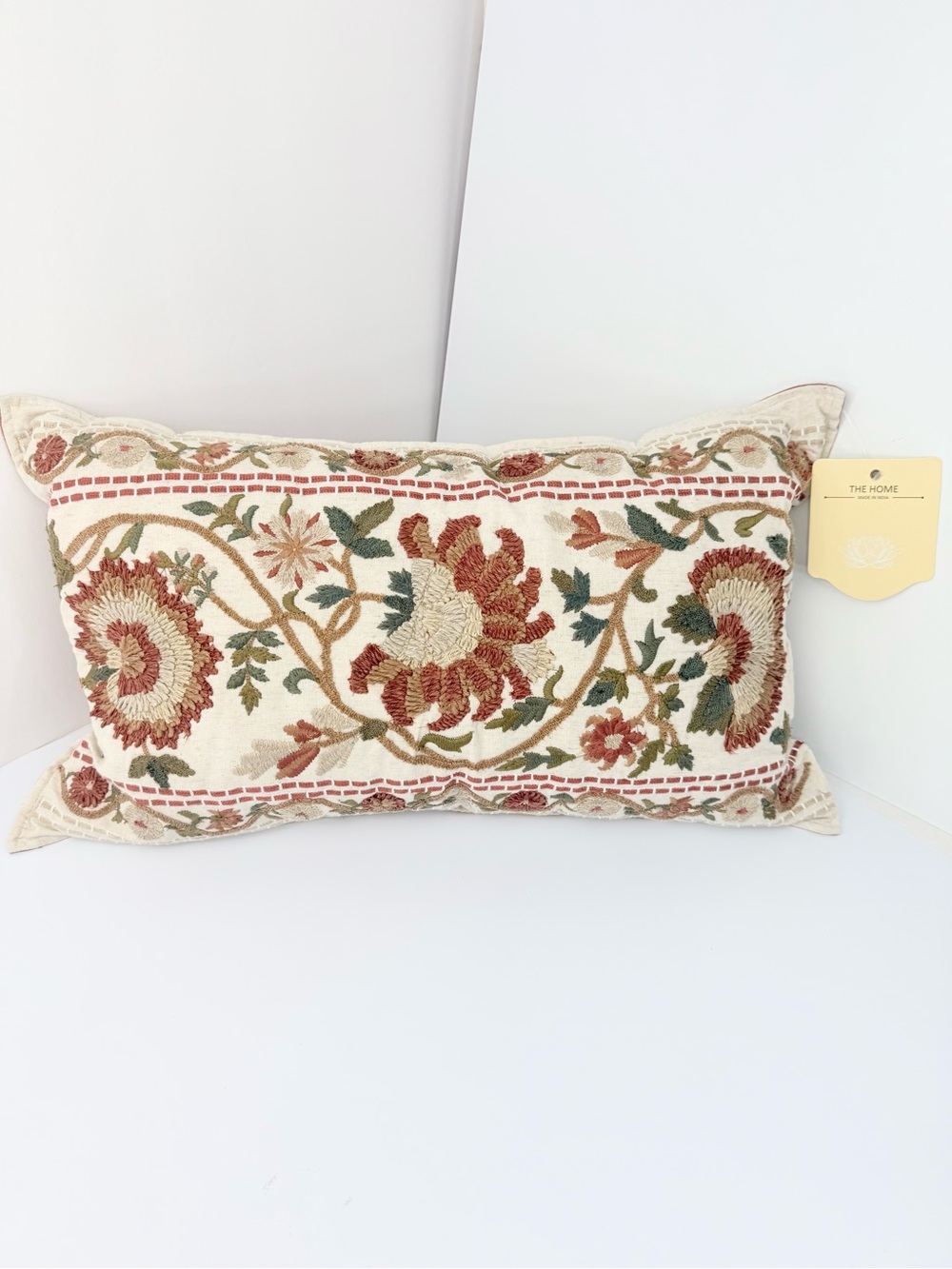 The Home Rust Orange Cream Embroidered Botanical Floral Autumn Accent Pillow NEW